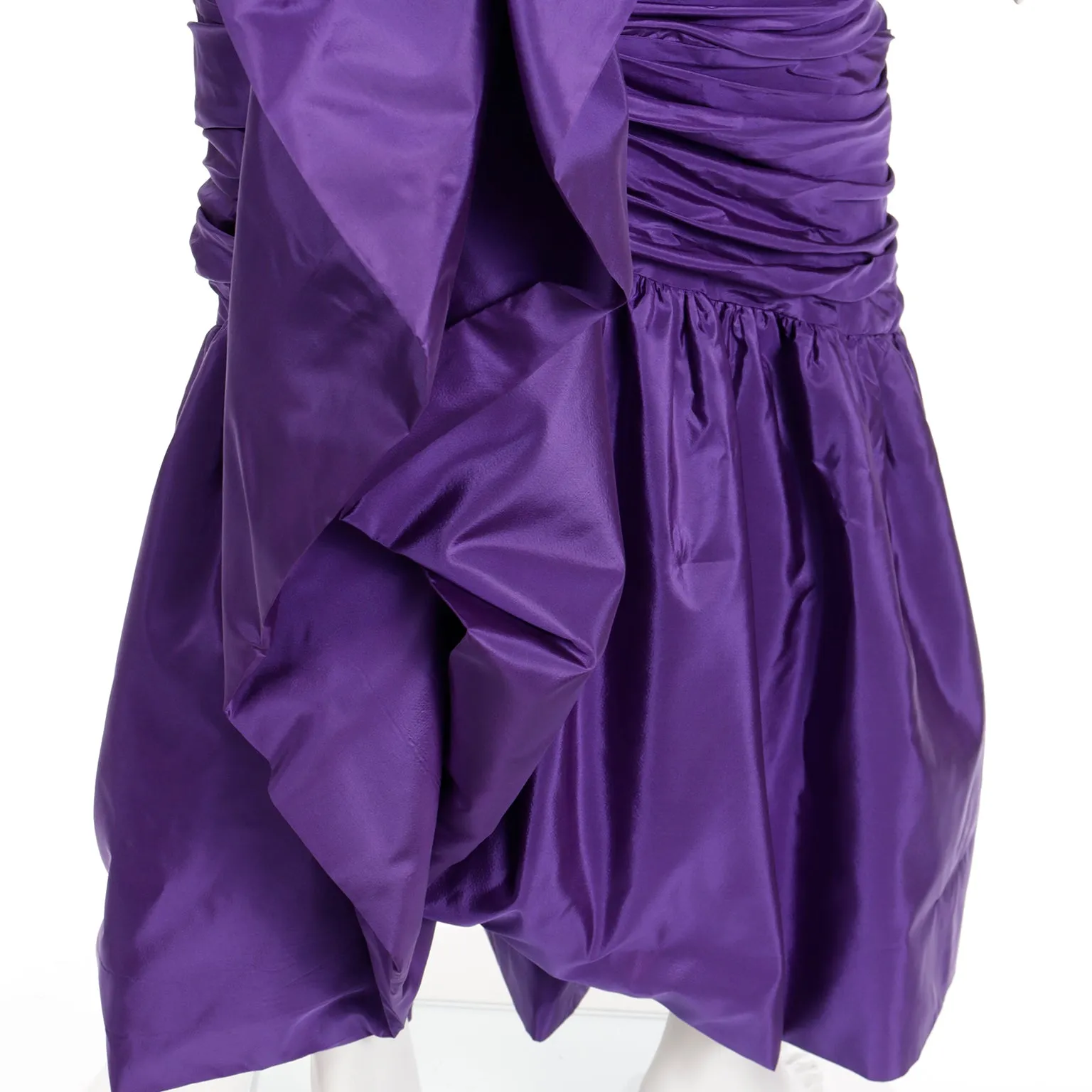 1980s Isabelle Allard Vintage Purple Taffeta Ruched Evening Gown w Bows