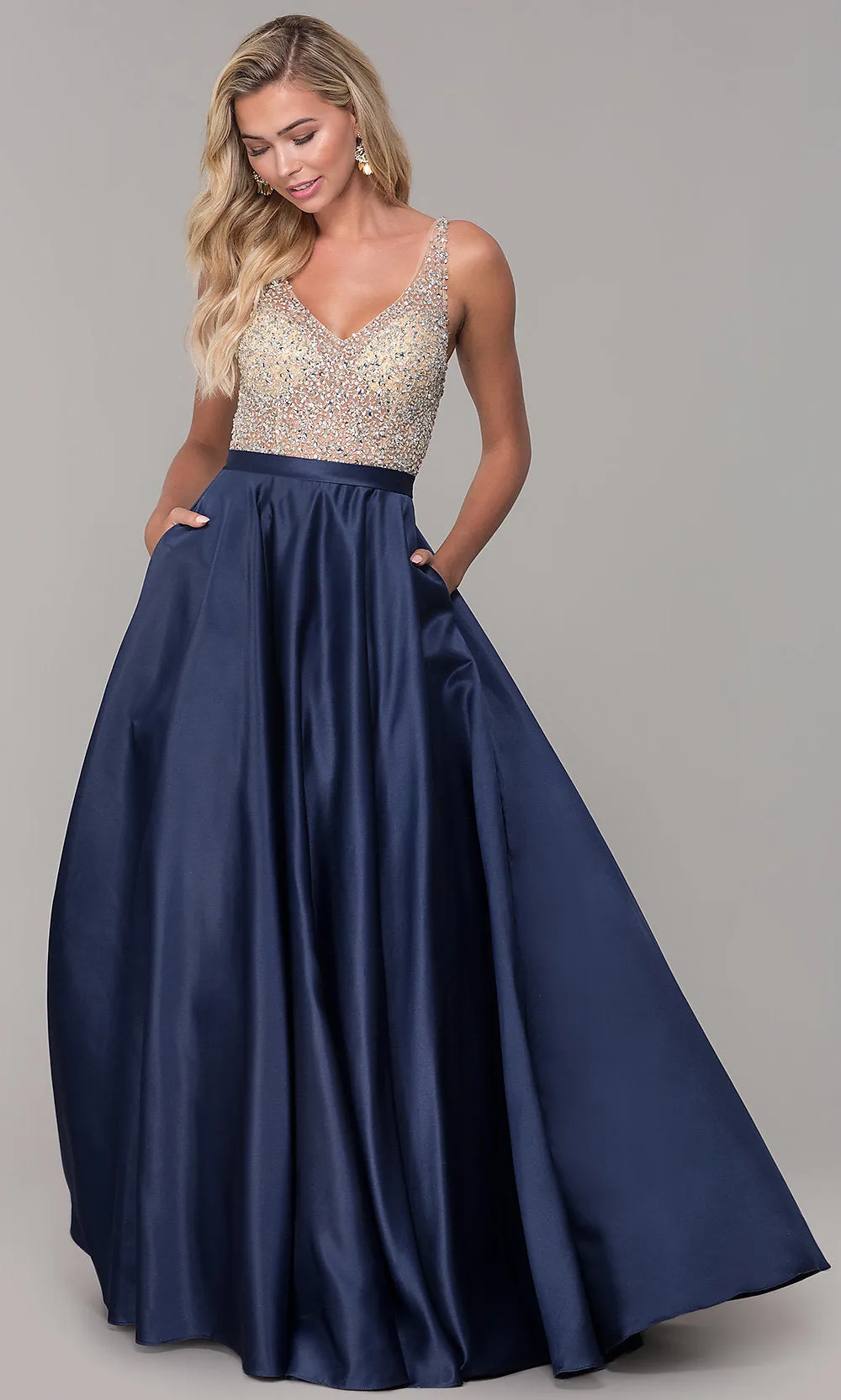 A-Line Long V-Neck Prom Dress with Pockets