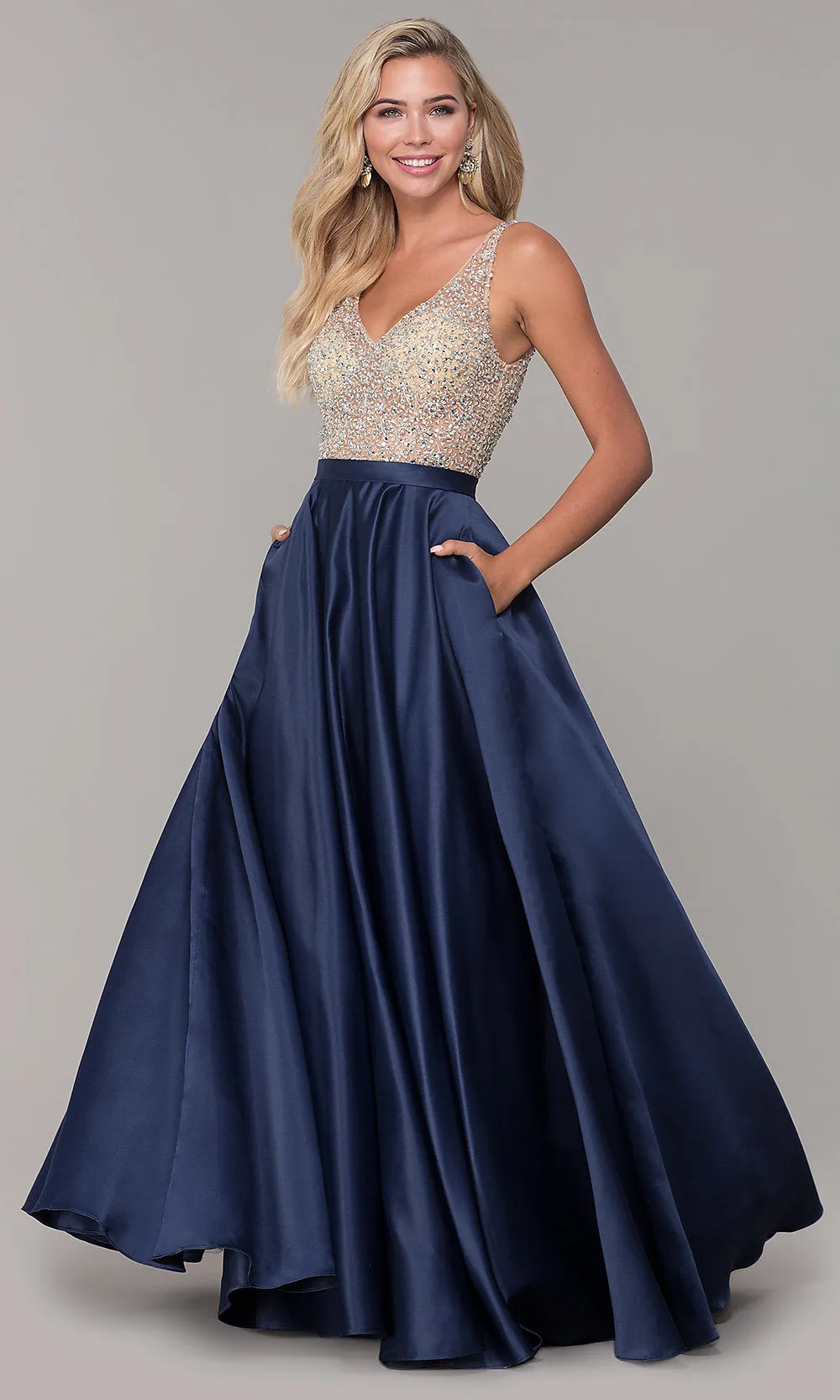 A-Line Long V-Neck Prom Dress with Pockets