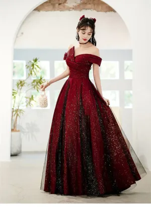 A-Line Princess Sparkling Red and Black Off Shoulder Satin Party Dress Long Evening Dress