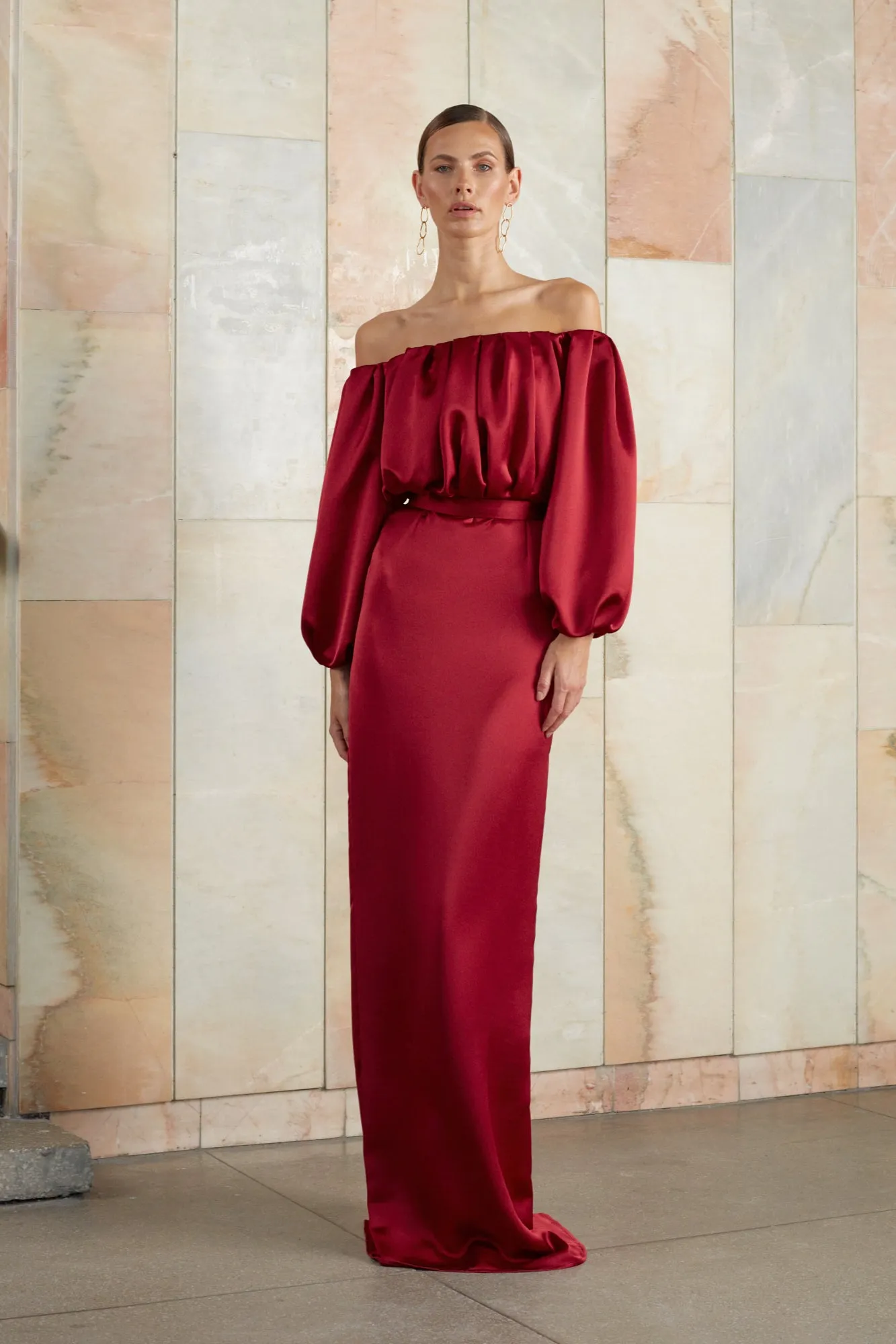 ALICE red off shoulder maxi dress