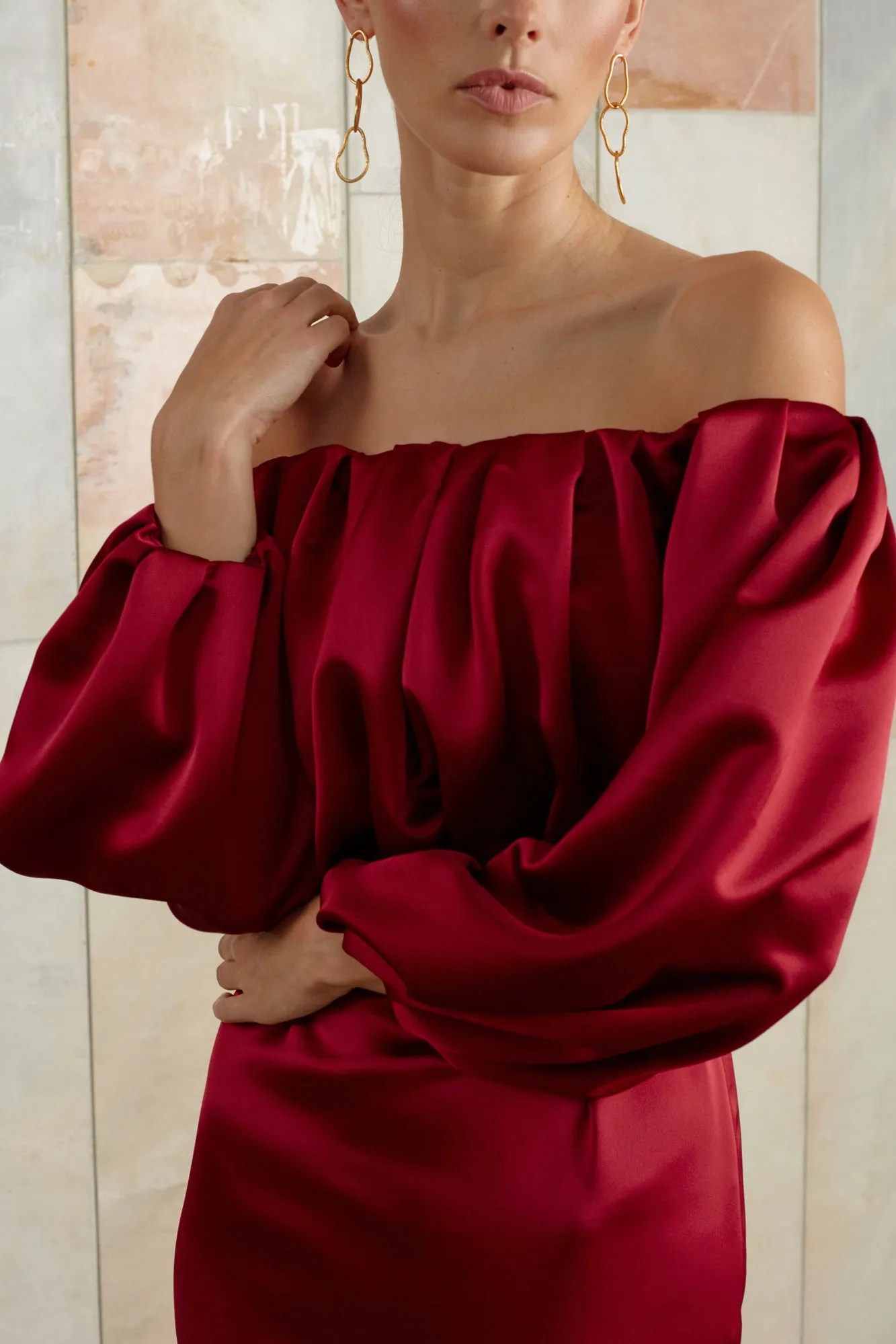 ALICE red off shoulder maxi dress
