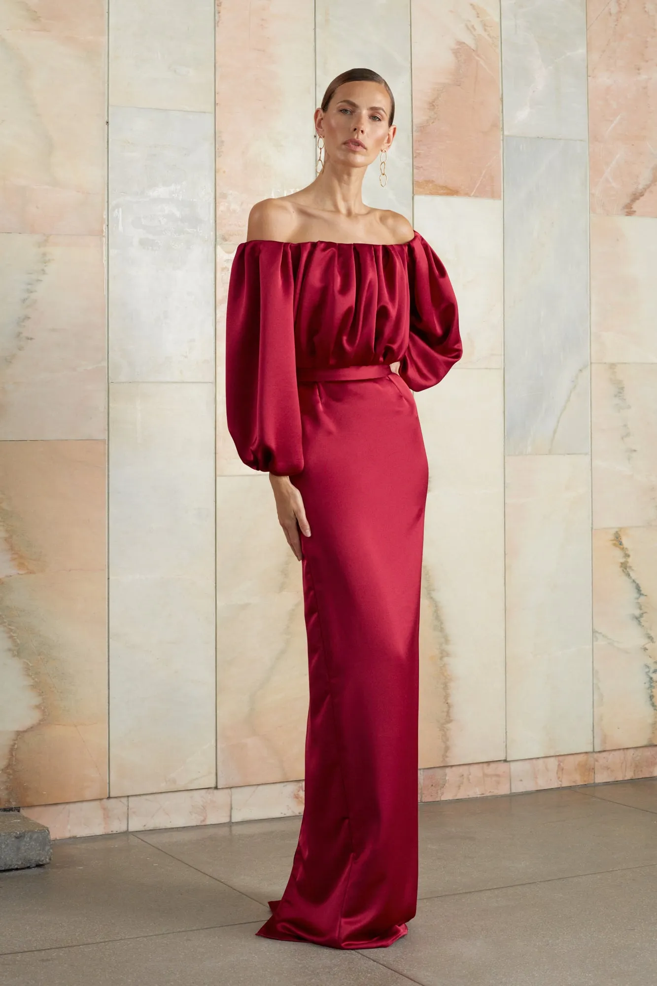 ALICE red off shoulder maxi dress