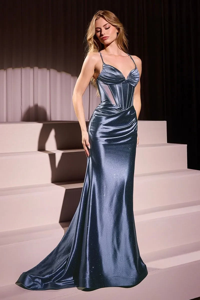 ALICIA Glitter Dusted Fitted Stretch Satin Prom & Formal Gown