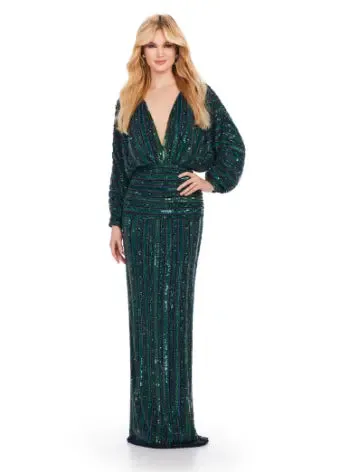 Ashley Lauren 11490 Long Prom Dress V-Neck Sequin Evening Gown Dolman Sleeves Formal Pageant