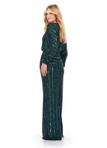 Ashley Lauren 11490 Long Prom Dress V-Neck Sequin Evening Gown Dolman Sleeves Formal Pageant