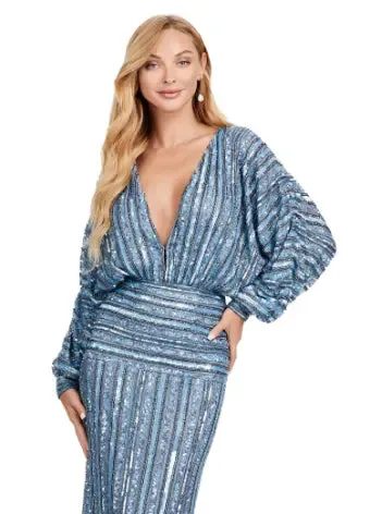 Ashley Lauren 11490 Long Prom Dress V-Neck Sequin Evening Gown Dolman Sleeves Formal Pageant