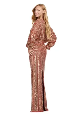 Ashley Lauren 11490 Long Prom Dress V-Neck Sequin Evening Gown Dolman Sleeves Formal Pageant