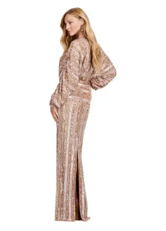 Ashley Lauren 11490 Long Prom Dress V-Neck Sequin Evening Gown Dolman Sleeves Formal Pageant