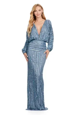 Ashley Lauren 11490 Long Prom Dress V-Neck Sequin Evening Gown Dolman Sleeves Formal Pageant