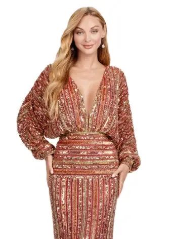 Ashley Lauren 11490 Long Prom Dress V-Neck Sequin Evening Gown Dolman Sleeves Formal Pageant