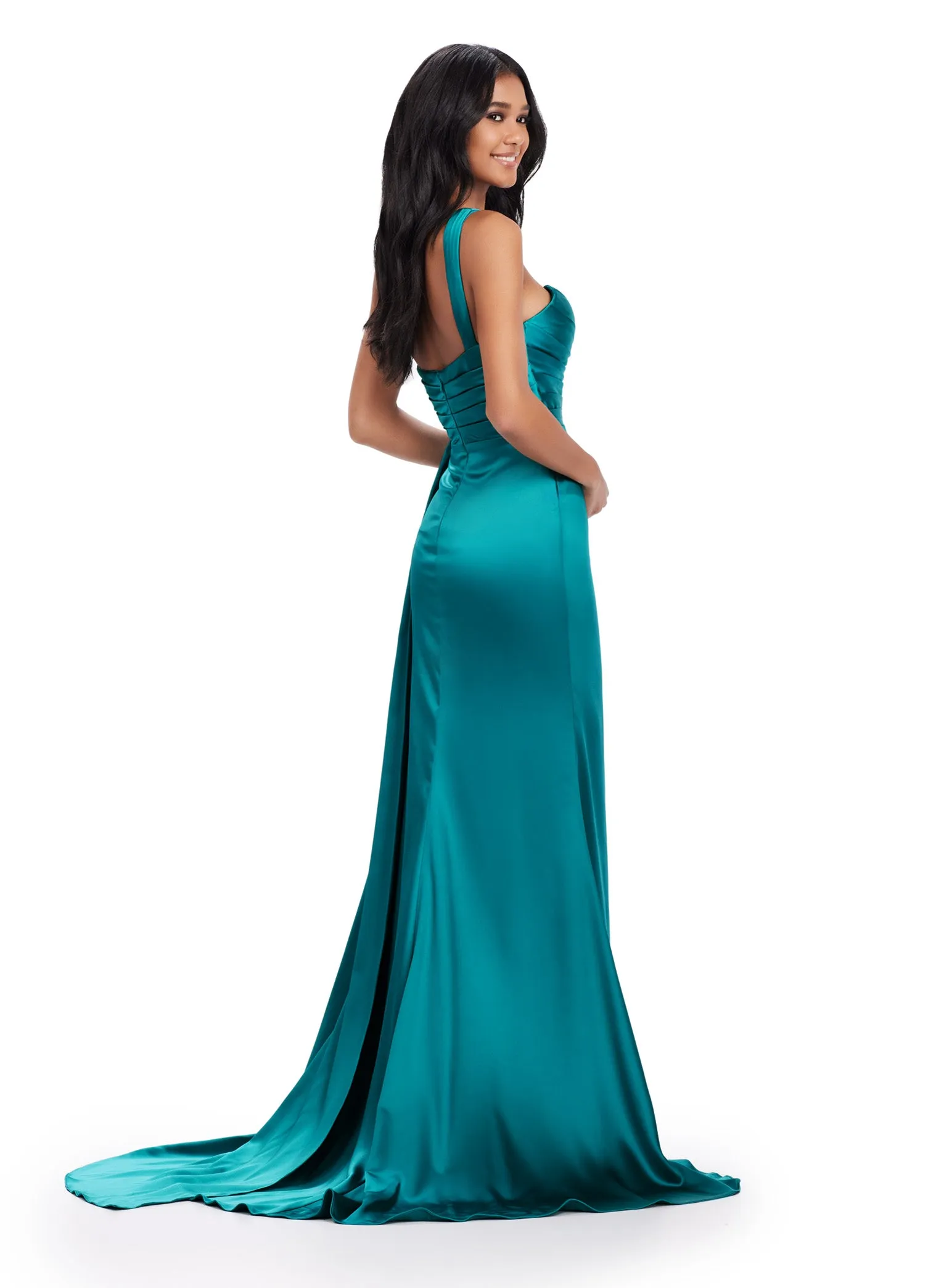 Ashley Lauren 11576 Long Prom Dress One Shoulder Ruched Satin Gown Slit Formal Pageant Gown