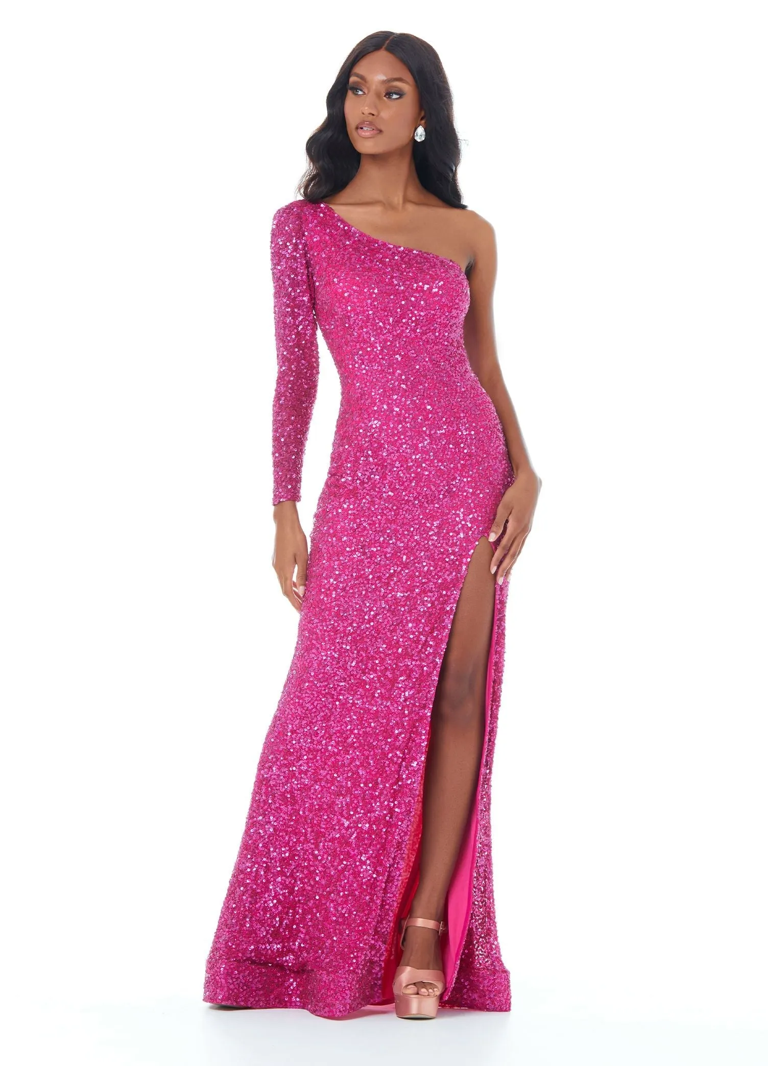 Ashley Lauren 1977 Size 0 Orchid Prom Dress One Sleeve Fully Beaded Long Pageant Dress with High Side Slit