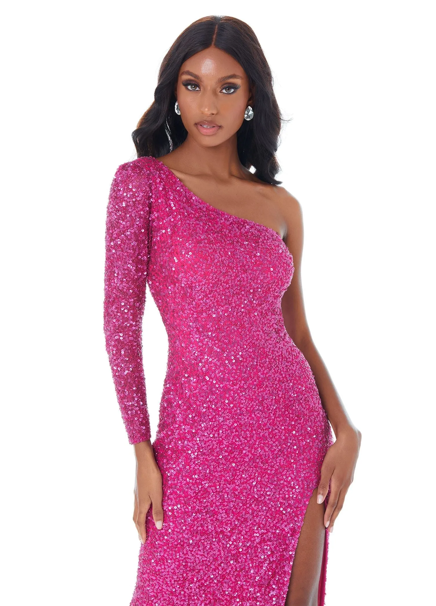 Ashley Lauren 1977 Size 0 Orchid Prom Dress One Sleeve Fully Beaded Long Pageant Dress with High Side Slit