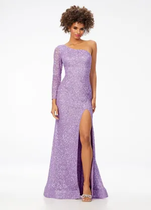 Ashley Lauren 1977 Size 0 Orchid Prom Dress One Sleeve Fully Beaded Long Pageant Dress with High Side Slit