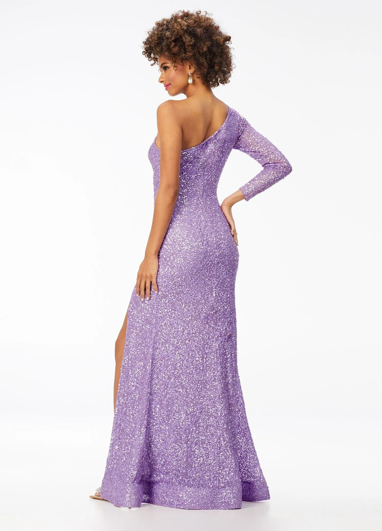 Ashley Lauren 1977 Size 0 Orchid Prom Dress One Sleeve Fully Beaded Long Pageant Dress with High Side Slit
