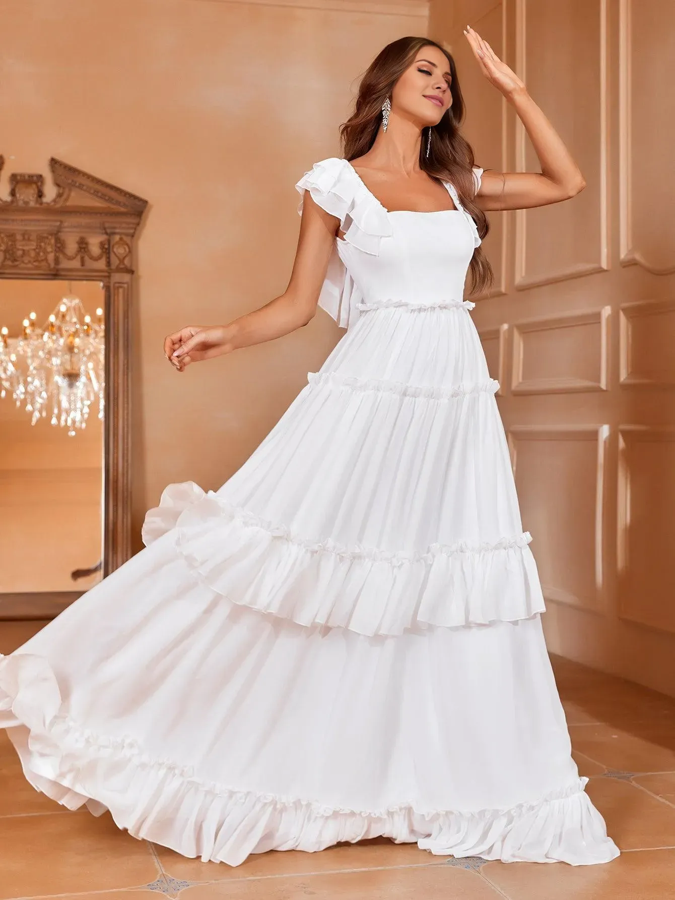 Backless lotus leaf edge layered chiffon and floor length wedding dress