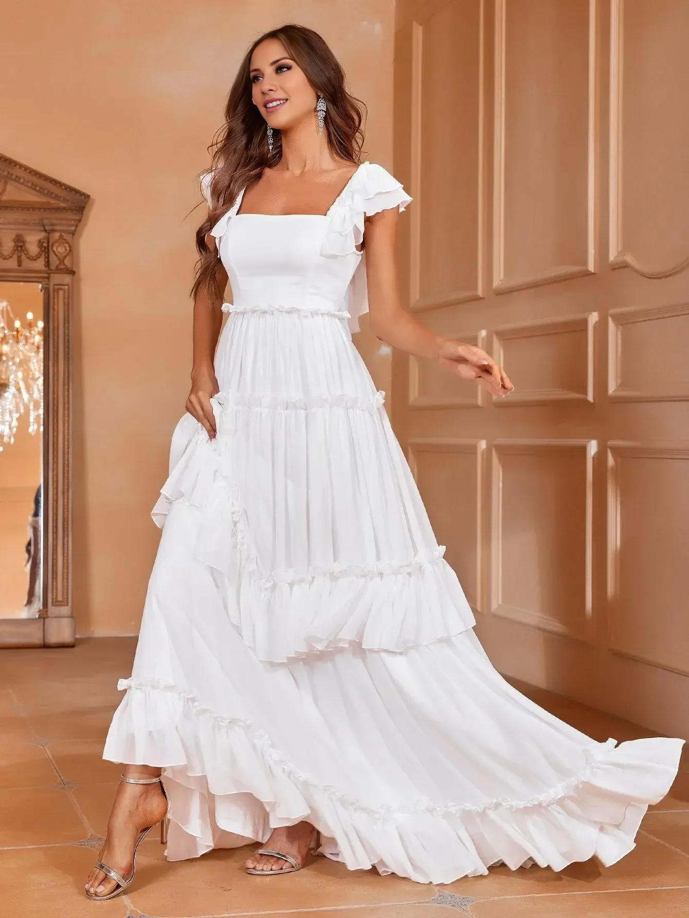 Backless lotus leaf edge layered chiffon and floor length wedding dress