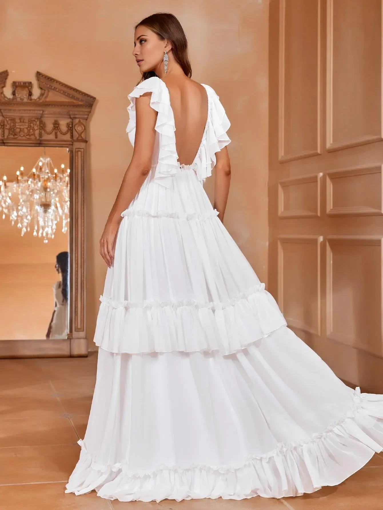 Backless lotus leaf edge layered chiffon and floor length wedding dress