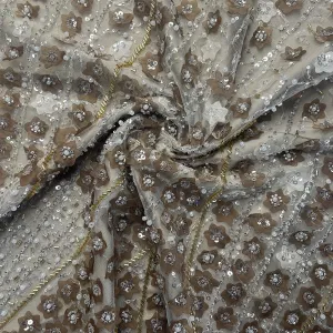 Beige Cutdana Sequins Embroidery Net Fabric 19710