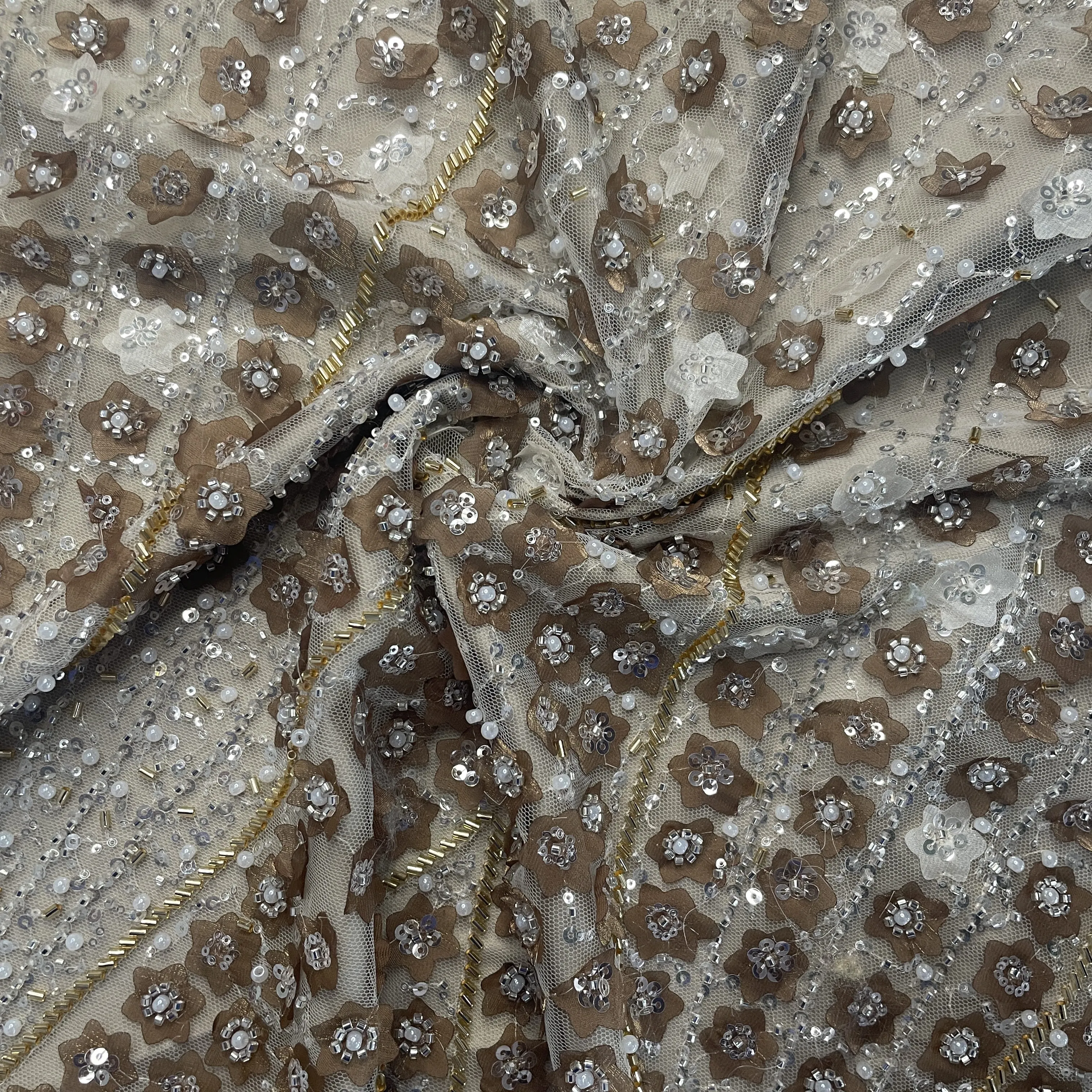 Beige Cutdana Sequins Embroidery Net Fabric 19710
