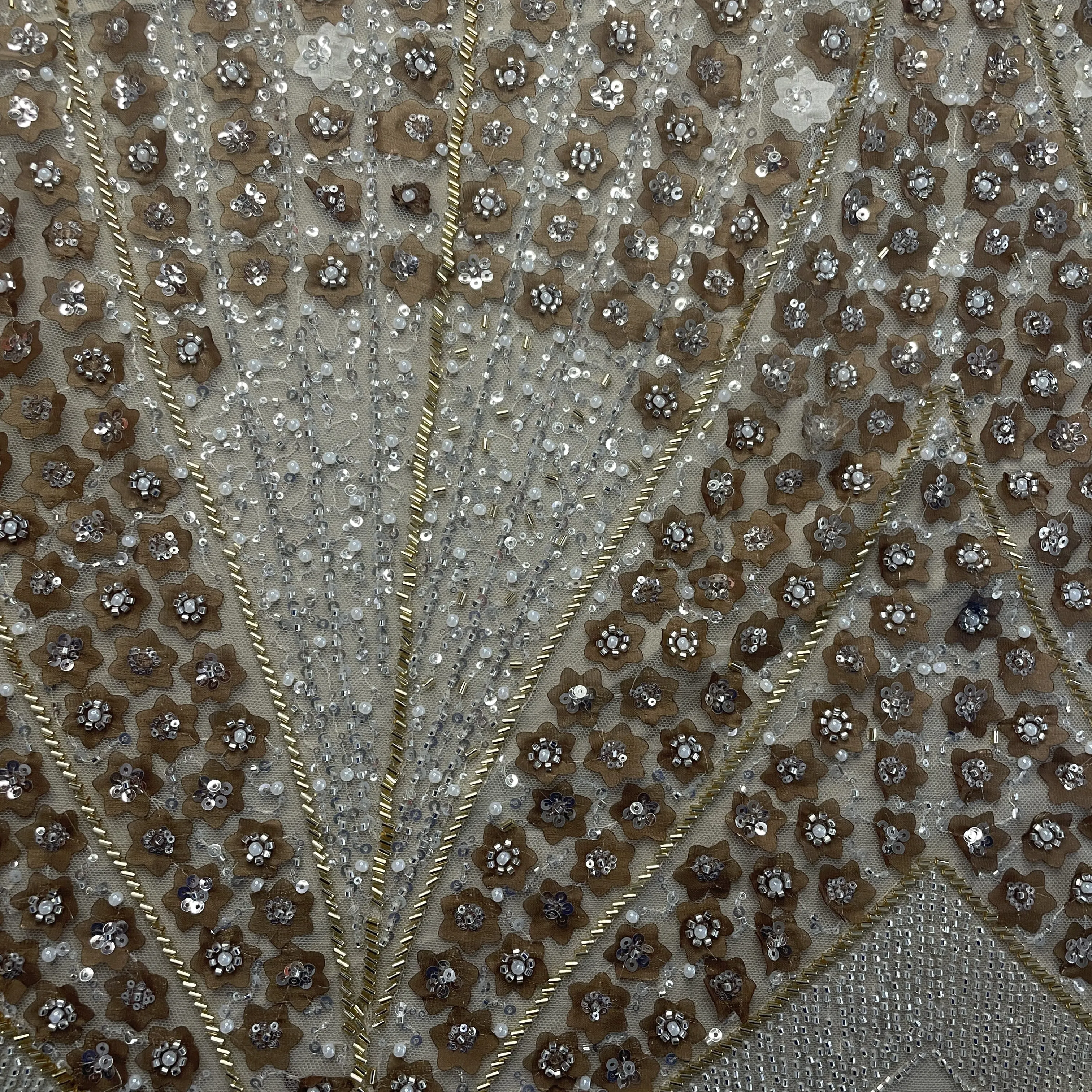Beige Cutdana Sequins Embroidery Net Fabric 19710