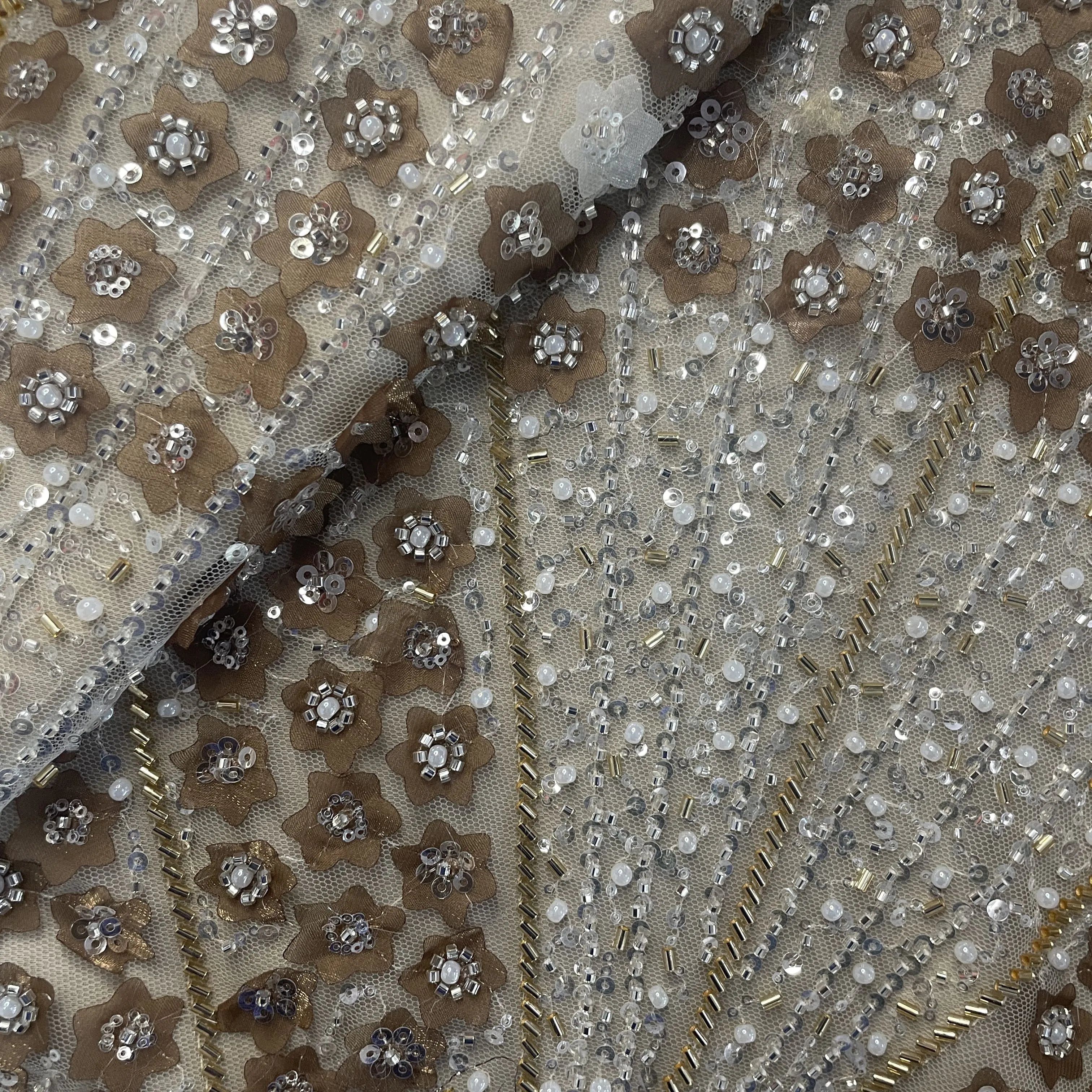 Beige Cutdana Sequins Embroidery Net Fabric 19710
