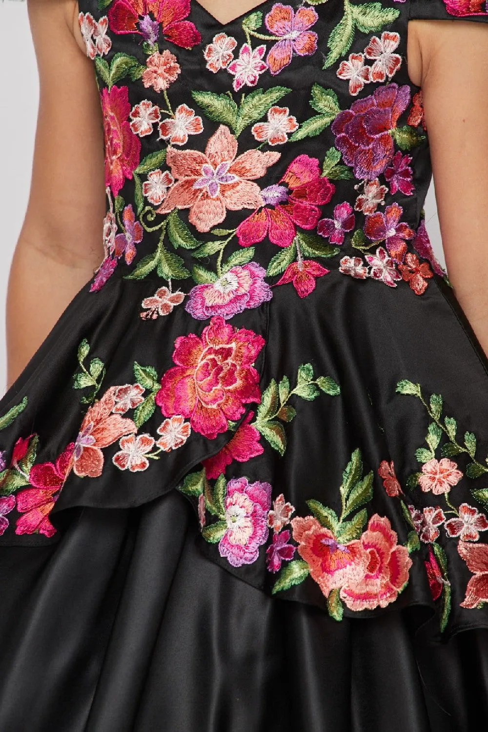 Big Girls Black Floral Embroidery Ball Gown 8-16