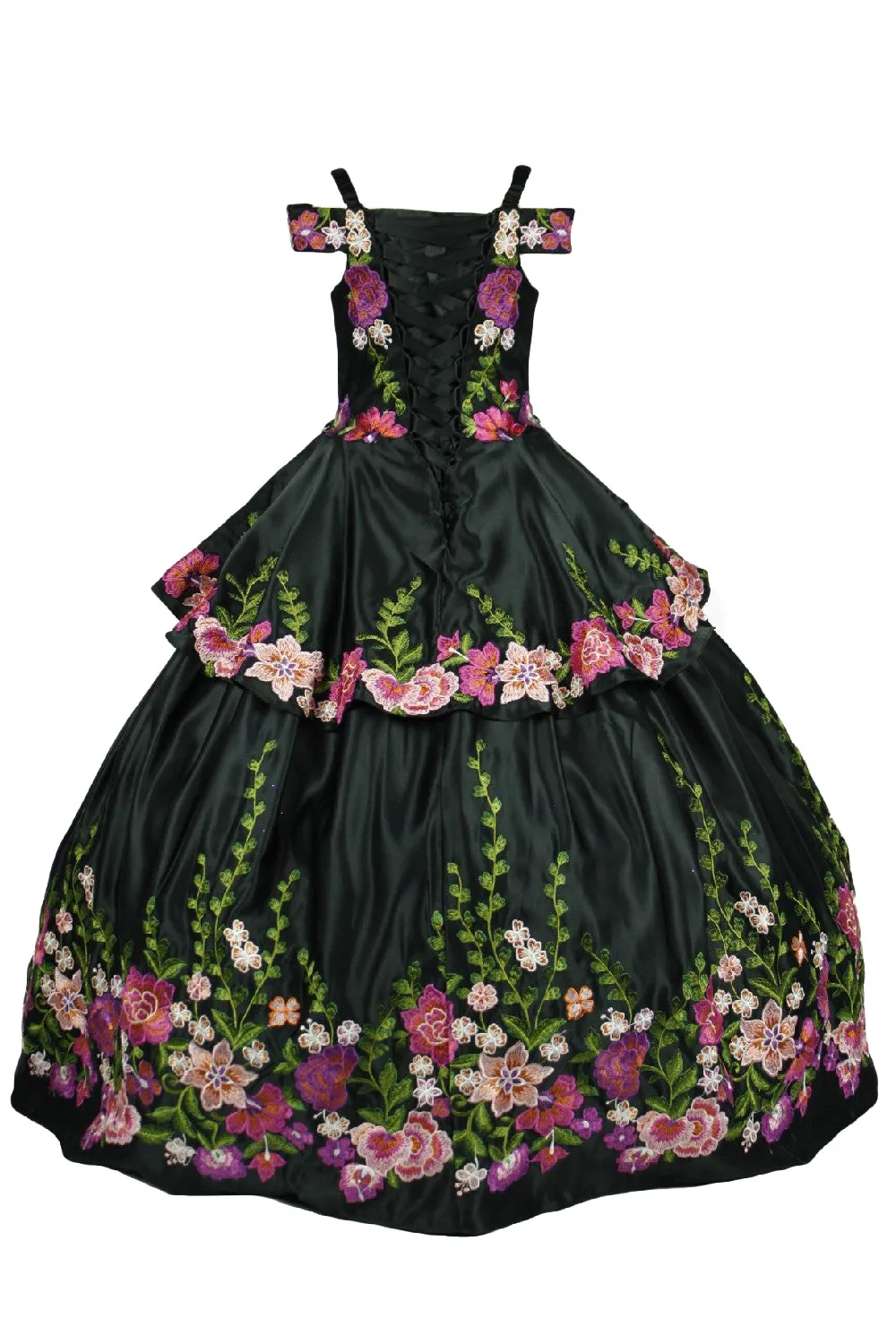 Big Girls Black Floral Embroidery Ball Gown 8-16