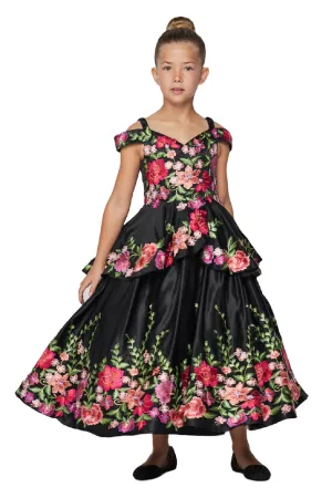 Big Girls Black Floral Embroidery Ball Gown 8-16