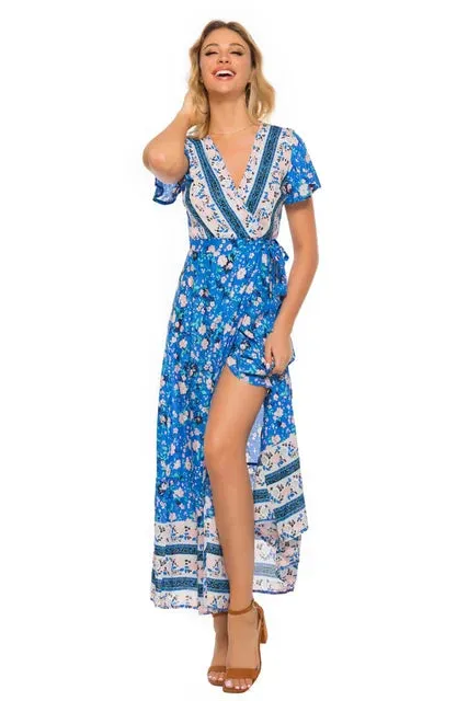 Boho Maxi Dress Bright Blue Floral