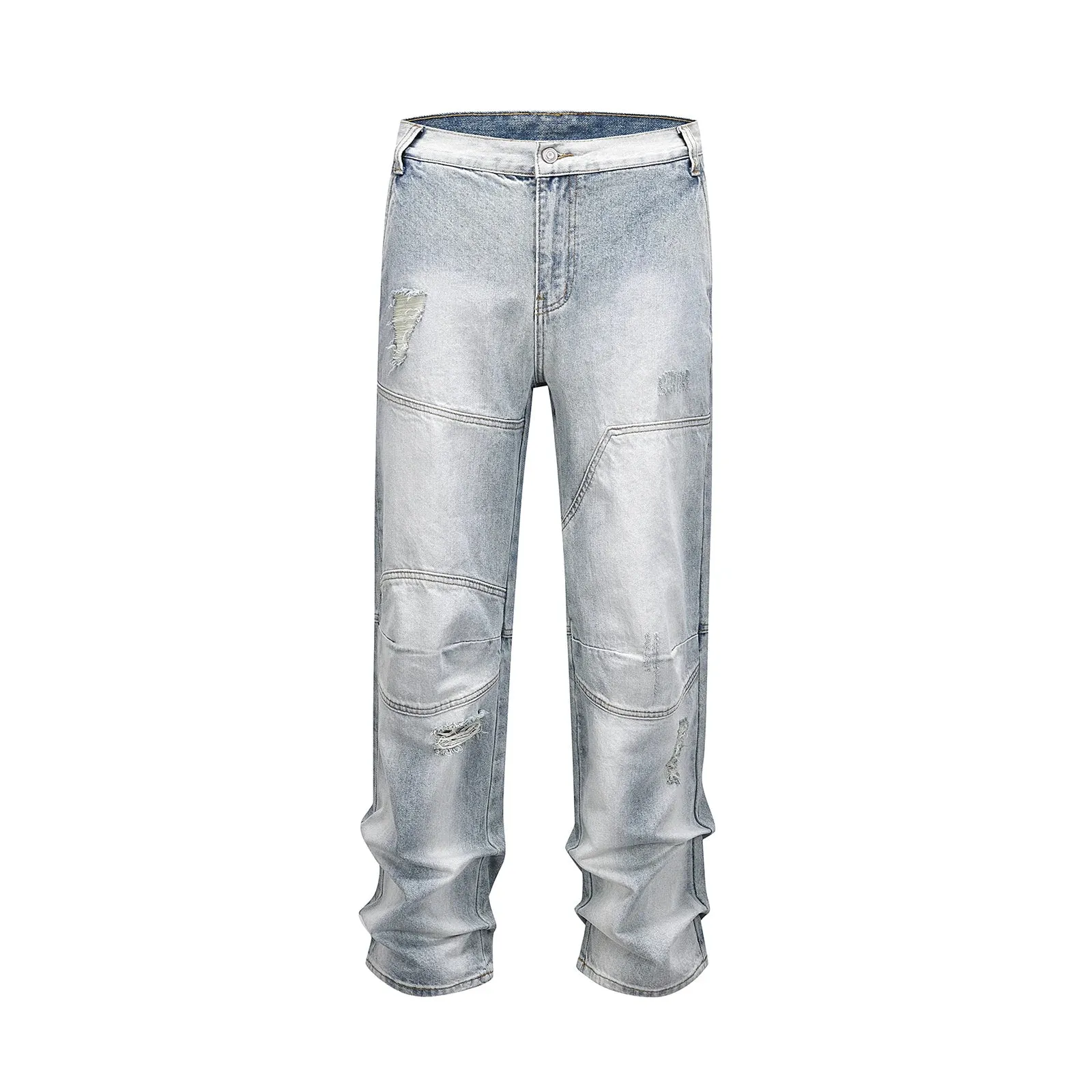 Bonsir Streetwear Ripped Damaged Washed Blue Baggy Denim Pants for Men Straight Distressed Casual Jeans Oversized Cargo Trousers