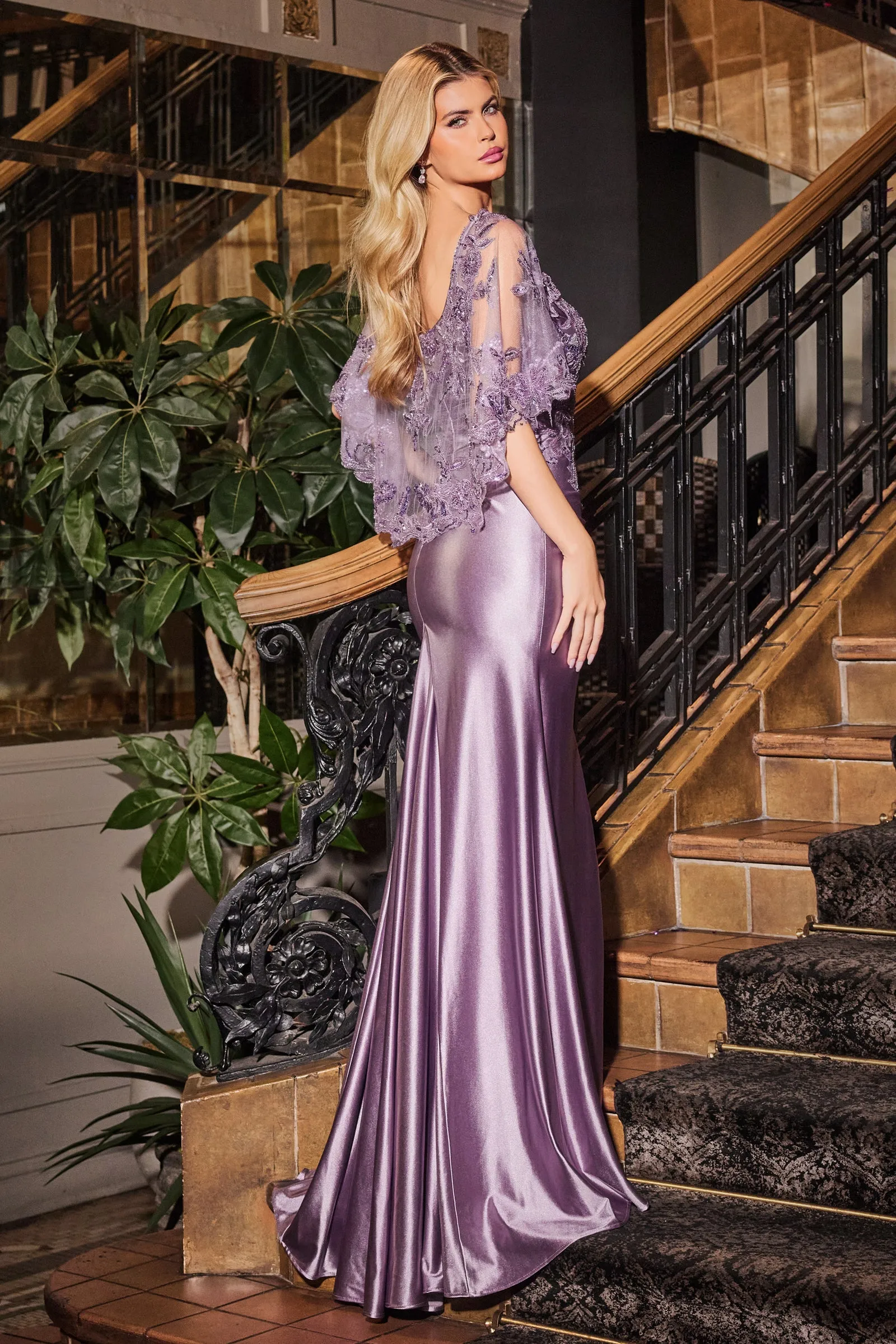 CINDERELLA DIVINE CDS499 Stretch Satin Fitted Dress & Removable Lace Caplet