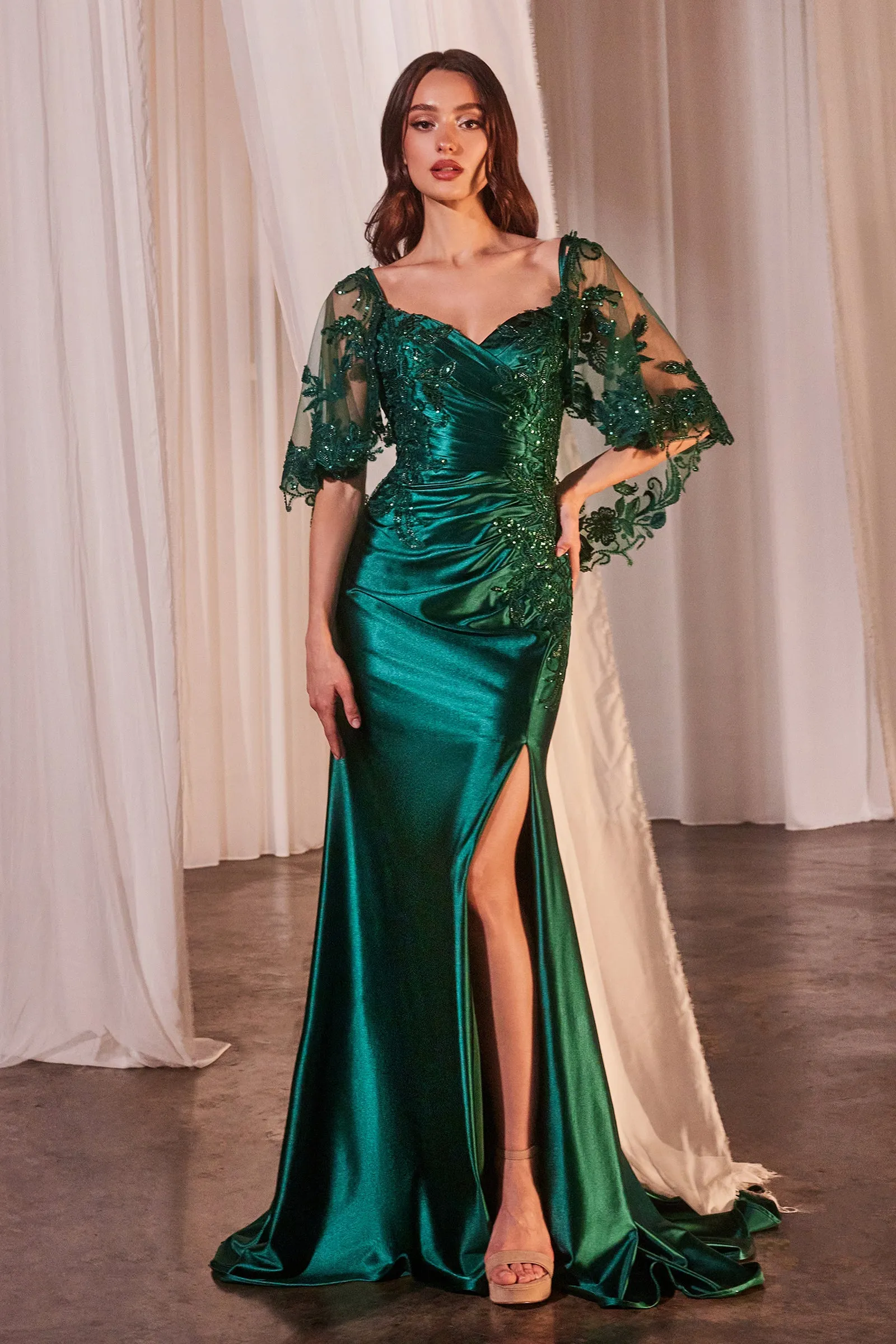 CINDERELLA DIVINE CDS499 Stretch Satin Fitted Dress & Removable Lace Caplet