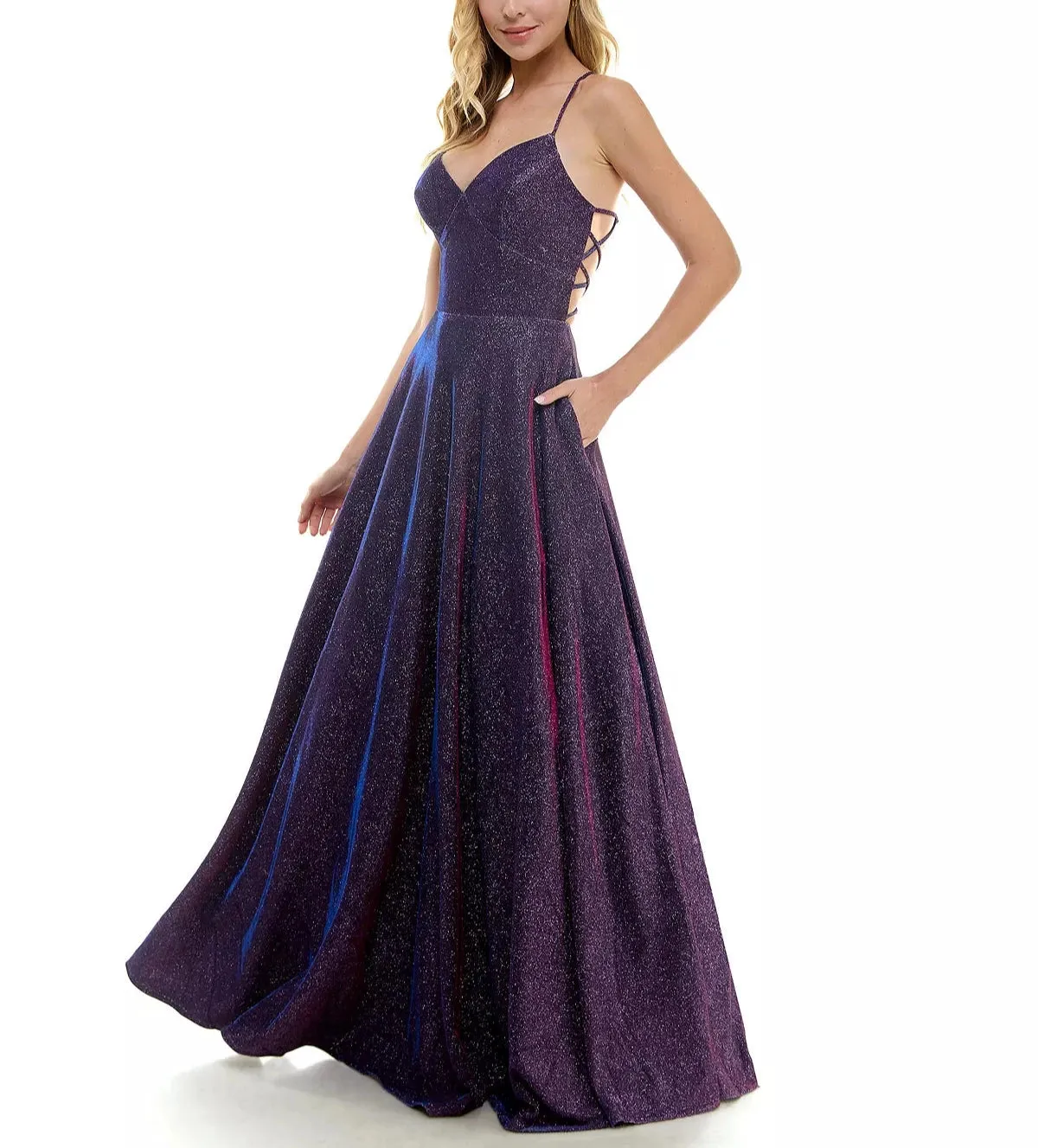 City Studio Juniors' Glitter-Knit V-Neck Ball Gown