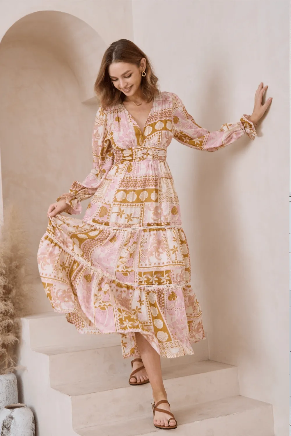 Colette Long Sleeve Midi Dress - Patchwork Beige