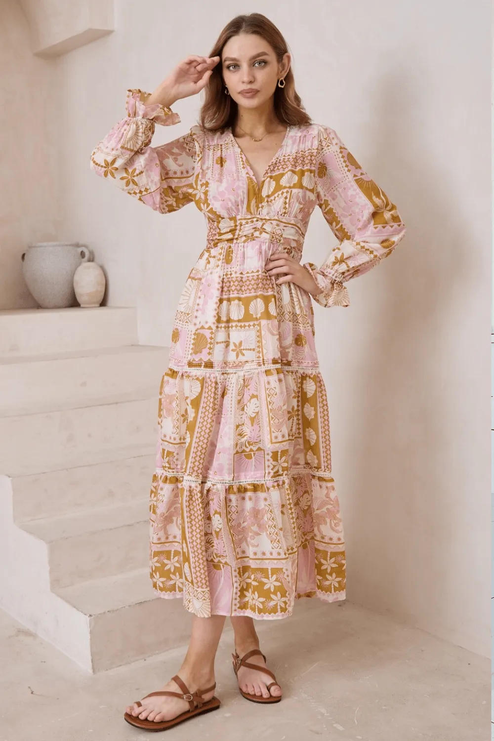 Colette Long Sleeve Midi Dress - Patchwork Beige