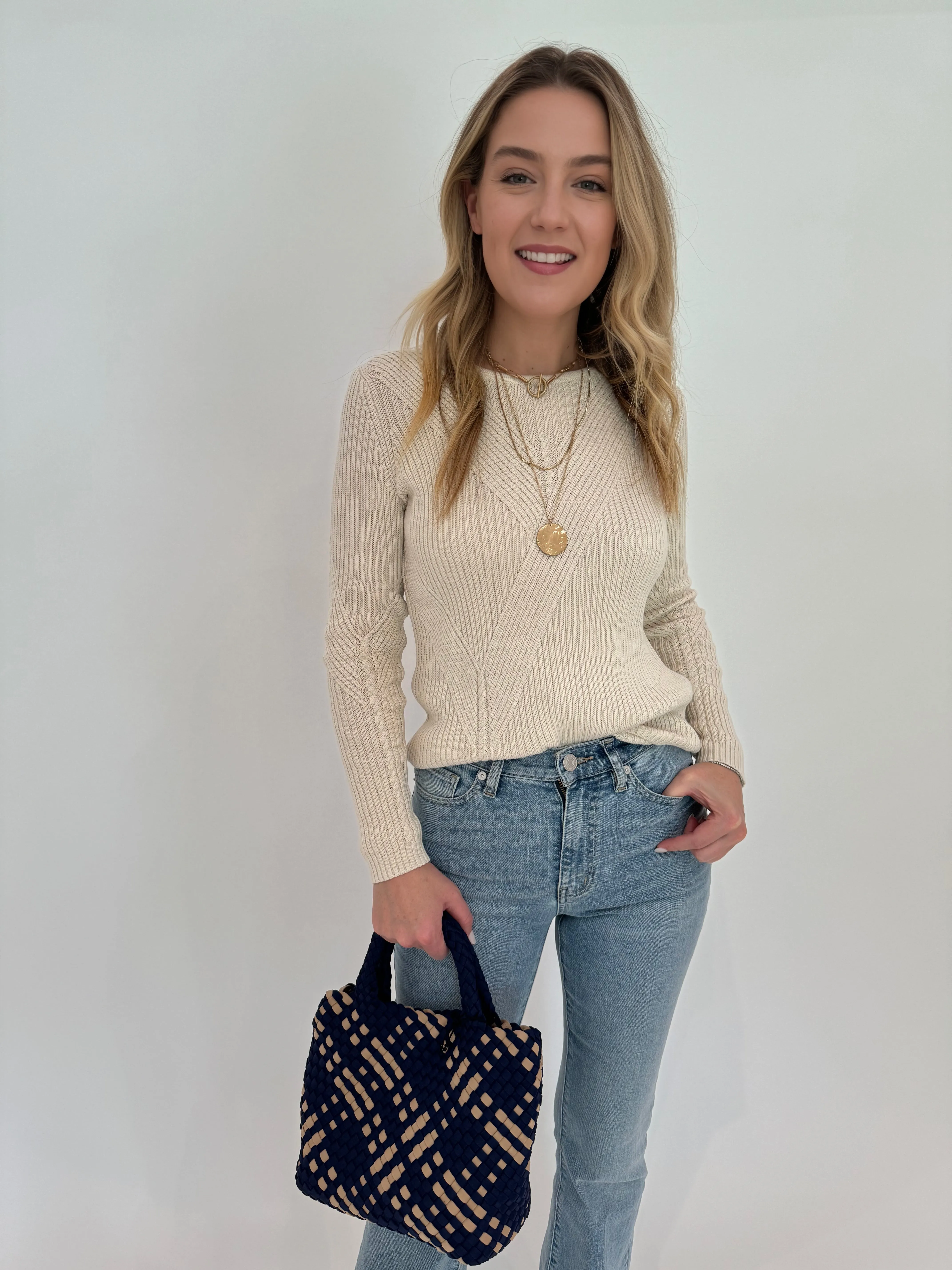 Cotton Crew Jacquard Sweater - Ecru