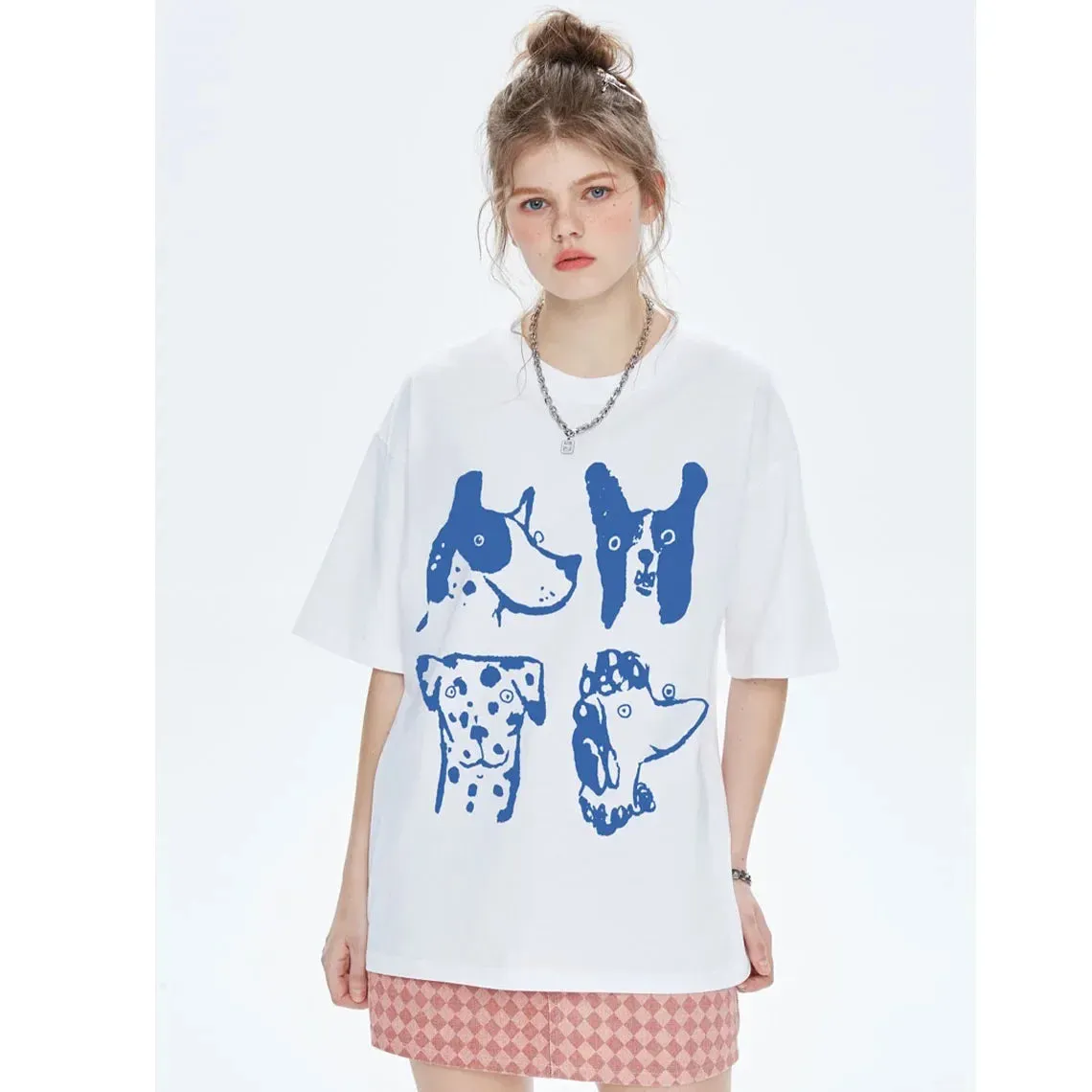Crewneck Cute Dogs white oversized Tees for the ladies