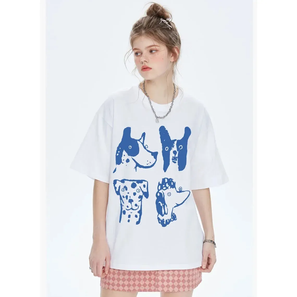 Crewneck Cute Dogs white oversized Tees for the ladies