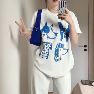 Crewneck Cute Dogs white oversized Tees for the ladies