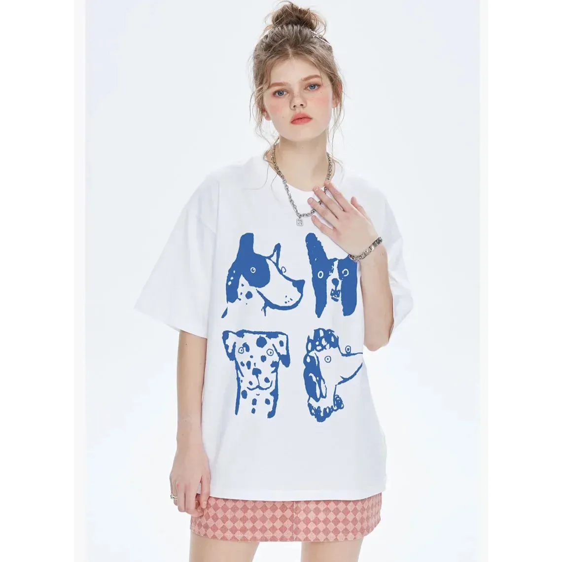 Crewneck Cute Dogs white oversized Tees for the ladies