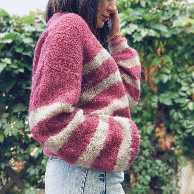 Custom 100% Cotton 0-Neck Striped Women’s Knitted Pullover Sweater - Vibrant and Comfortable