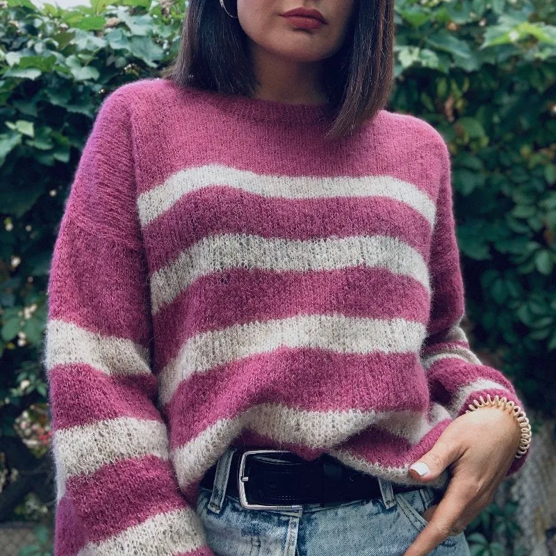 Custom 100% Cotton 0-Neck Striped Women’s Knitted Pullover Sweater - Vibrant and Comfortable