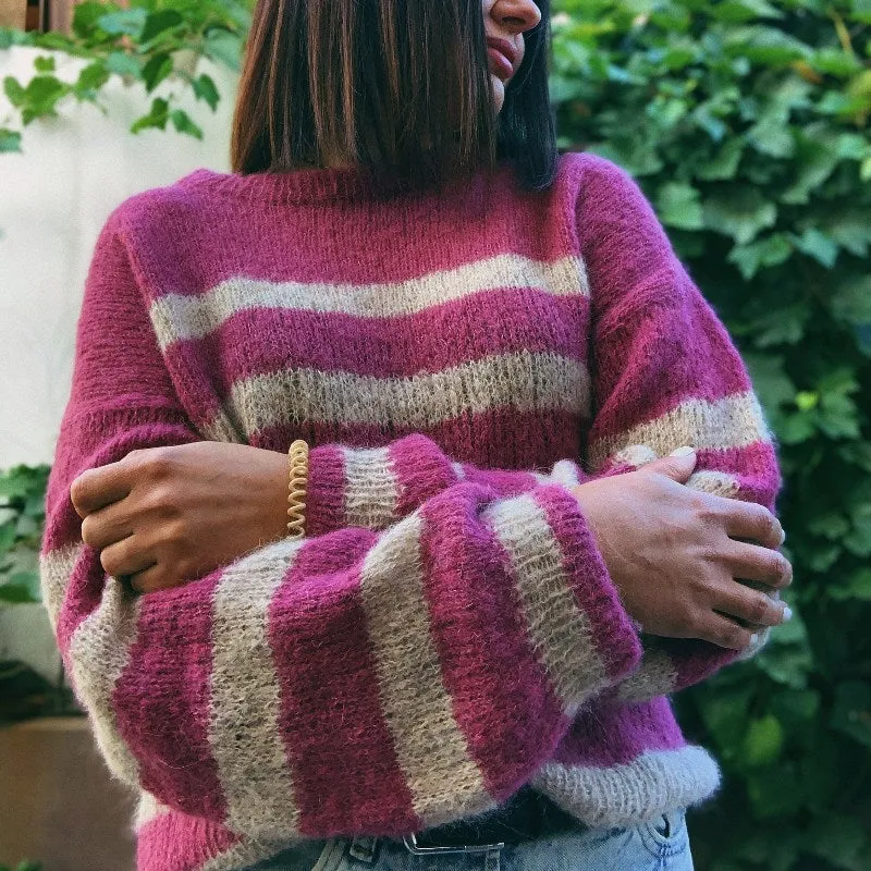 Custom 100% Cotton 0-Neck Striped Women’s Knitted Pullover Sweater - Vibrant and Comfortable