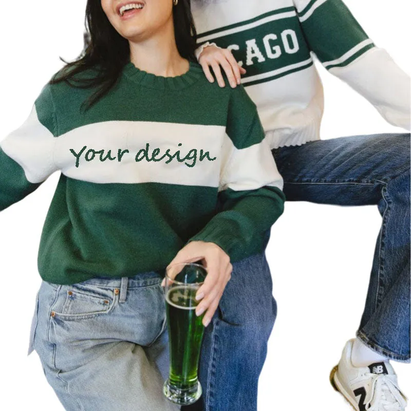 Custom 100% Cotton Women Knit Pullover Sweater | Retro Varsity Stripe Knitwear | OEM/ODM Sweater Manufacturer