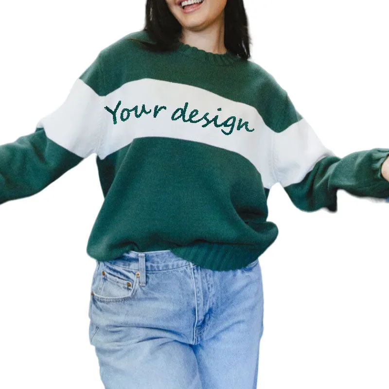 Custom 100% Cotton Women Knit Pullover Sweater | Retro Varsity Stripe Knitwear | OEM/ODM Sweater Manufacturer