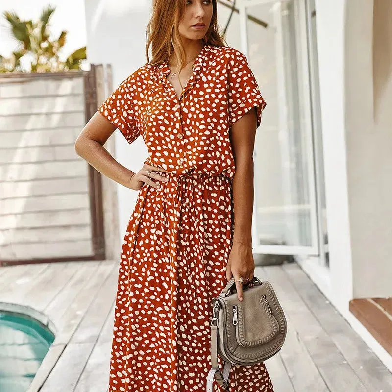 Dots Print White Dress Women Summer Short Sleeve Tunic Boho Midi Dresses