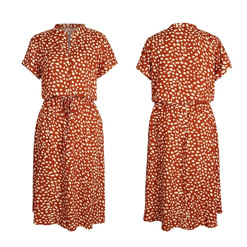 Dots Print White Dress Women Summer Short Sleeve Tunic Boho Midi Dresses
