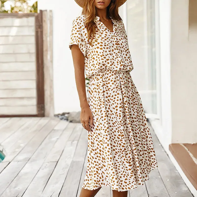 Dots Print White Dress Women Summer Short Sleeve Tunic Boho Midi Dresses